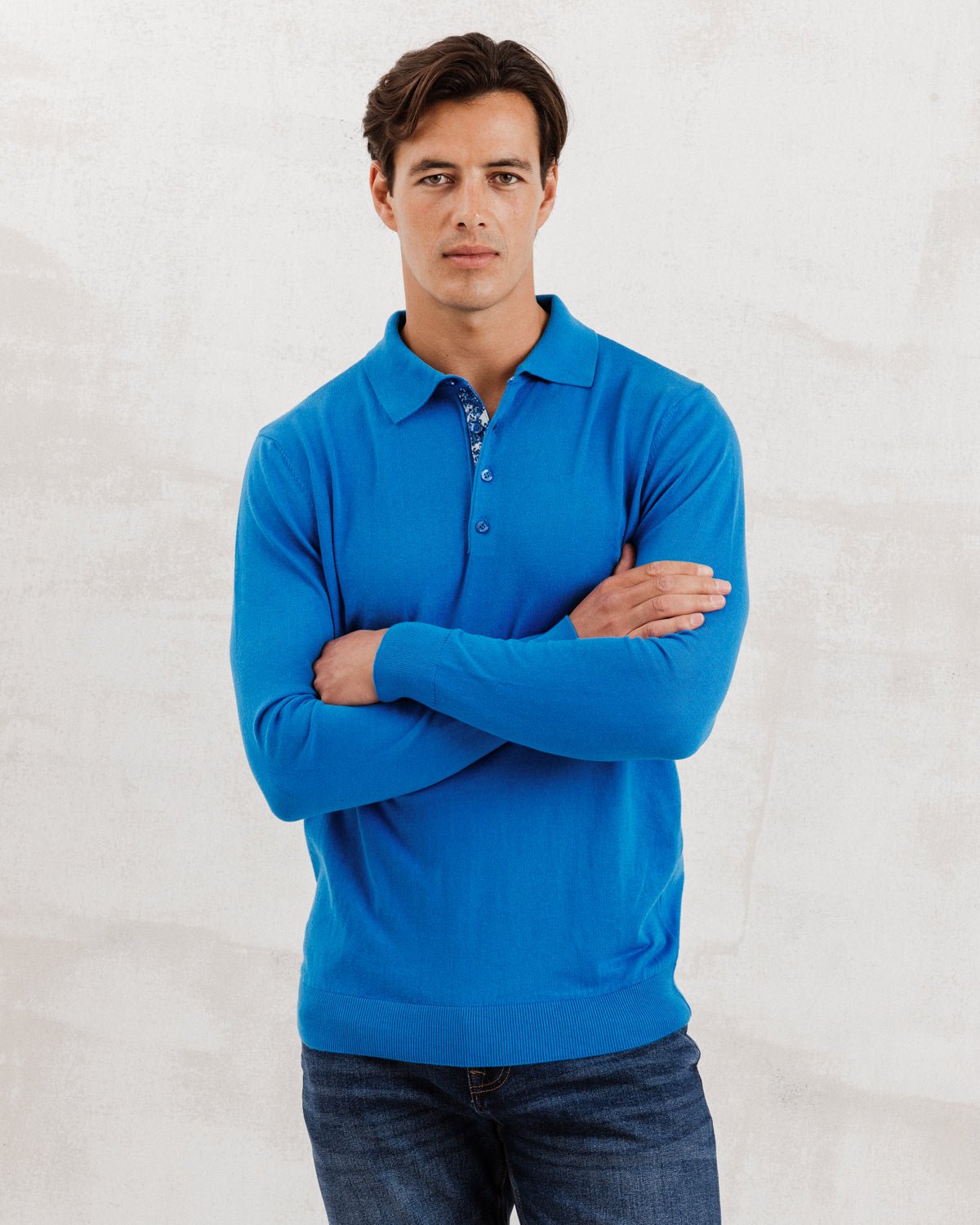 Blue Knit Polo with Blossom Accents - Blake Mill