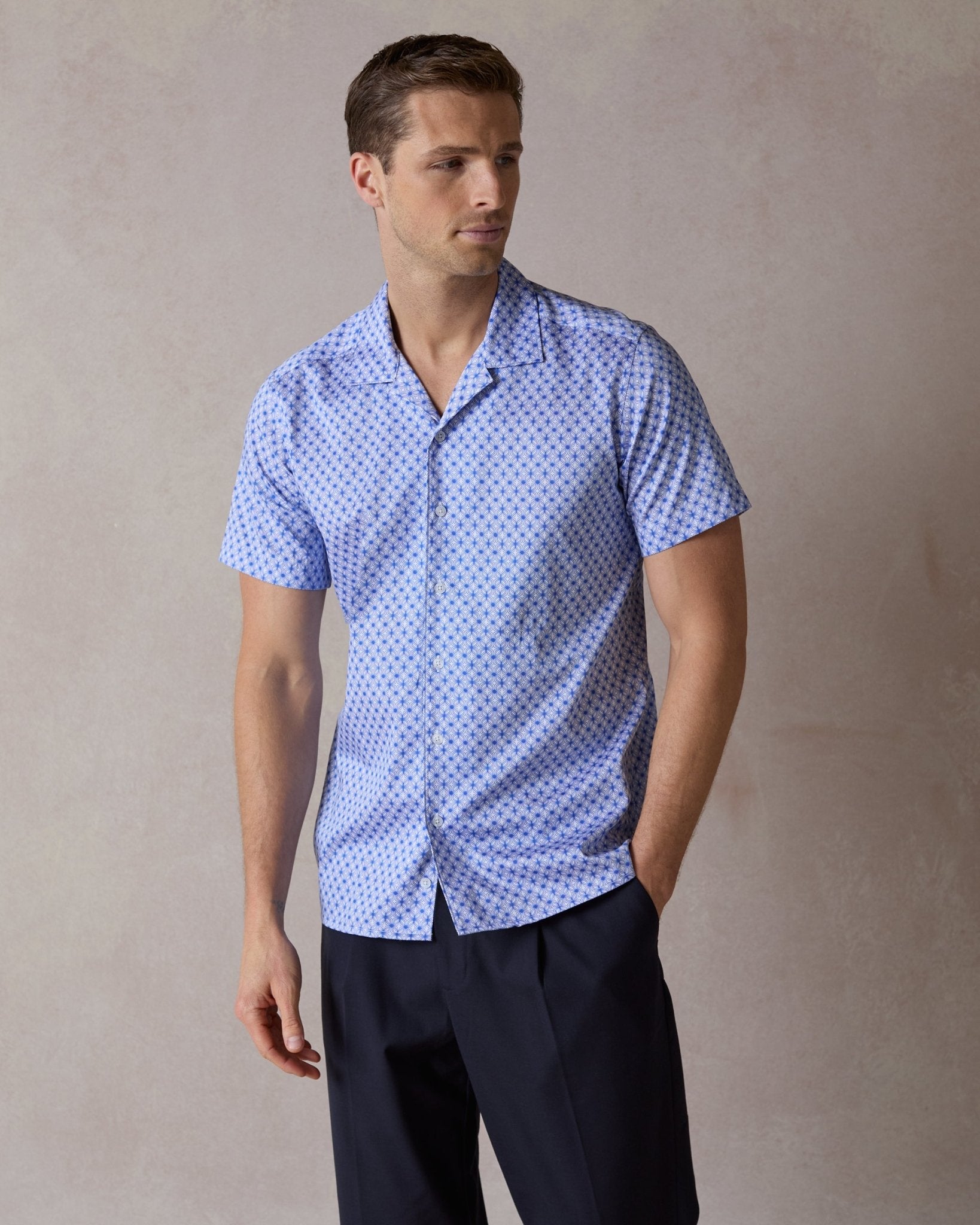 Blue Wavy Geo Open Collar Shirt - Blake Mill