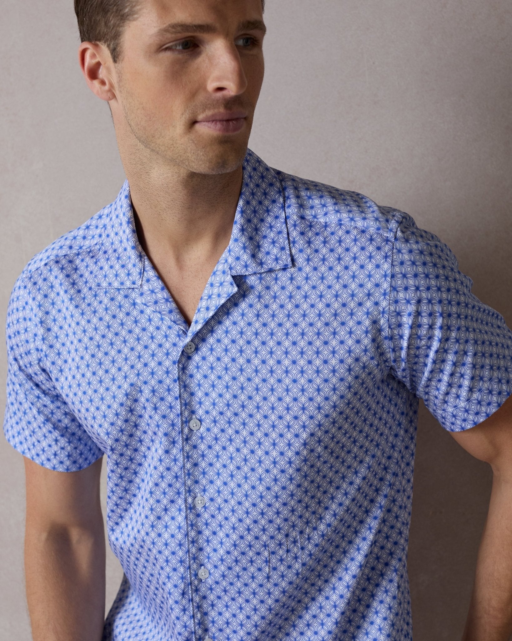 Blue Wavy Geo Open Collar Shirt - Blake Mill