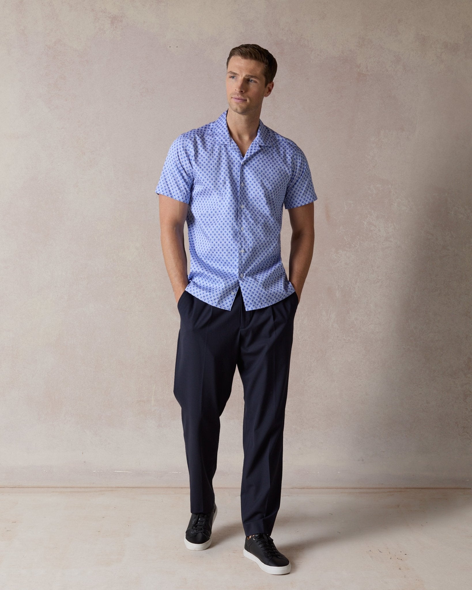 Blue Wavy Geo Open Collar Shirt - Blake Mill