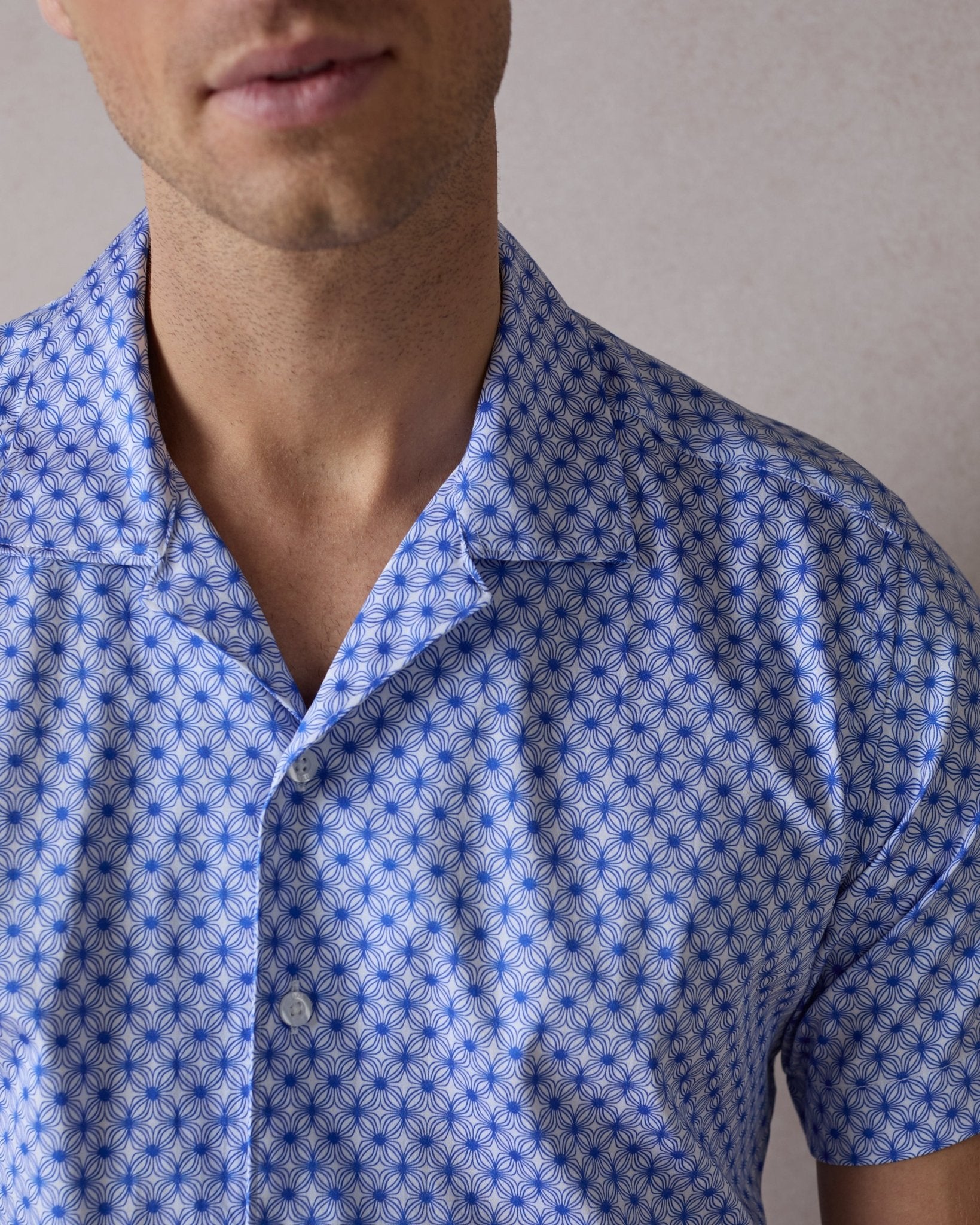 Blue Wavy Geo Open Collar Shirt - Blake Mill