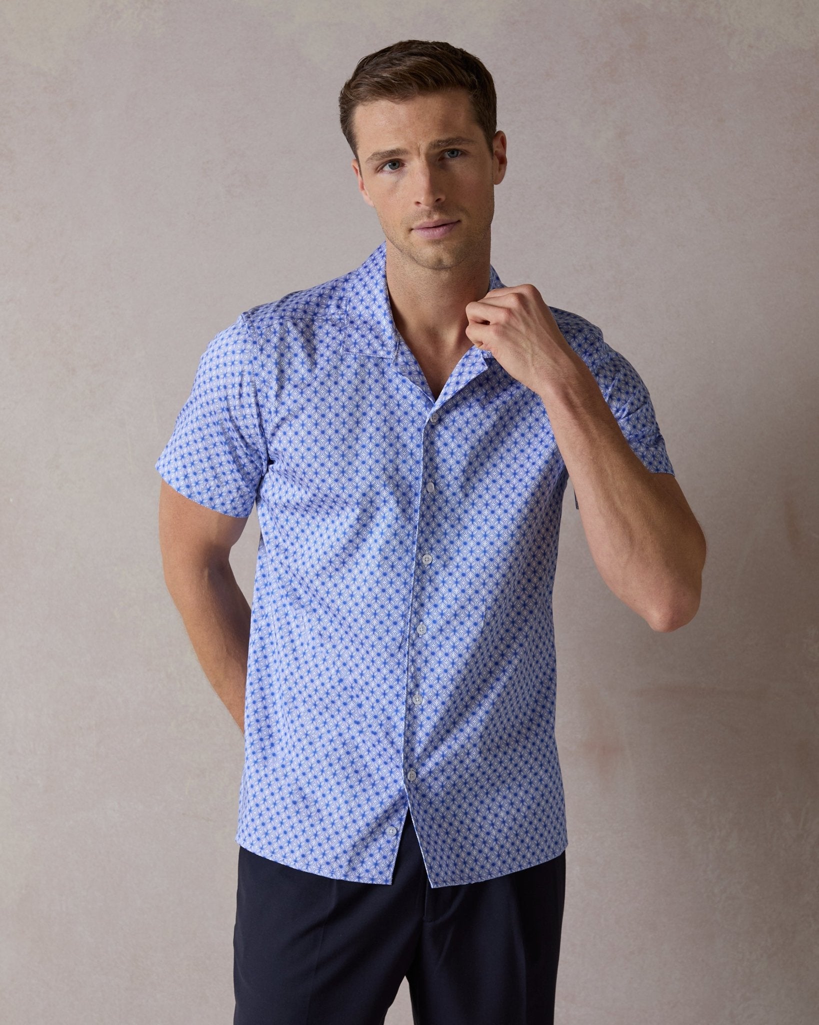 Blue Wavy Geo Open Collar Shirt - Blake Mill