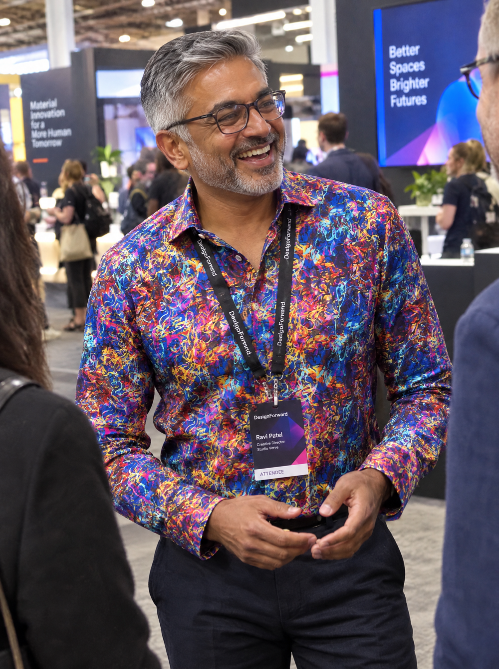 Man wearing the Brainstorm shirt at a design conference