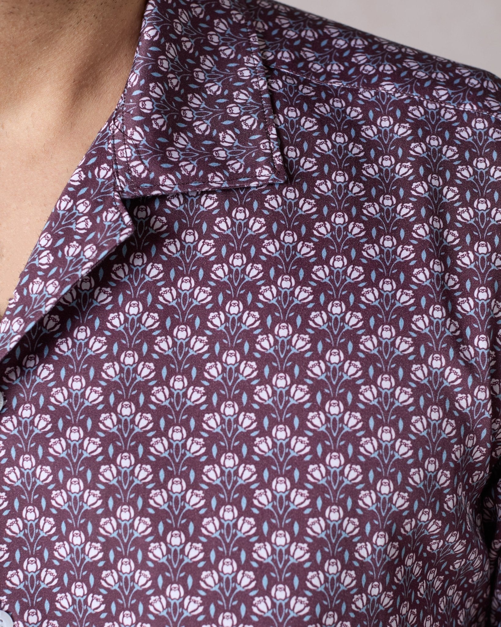 Burgundy Botanic Geo Open Collar Shirt - Blake Mill