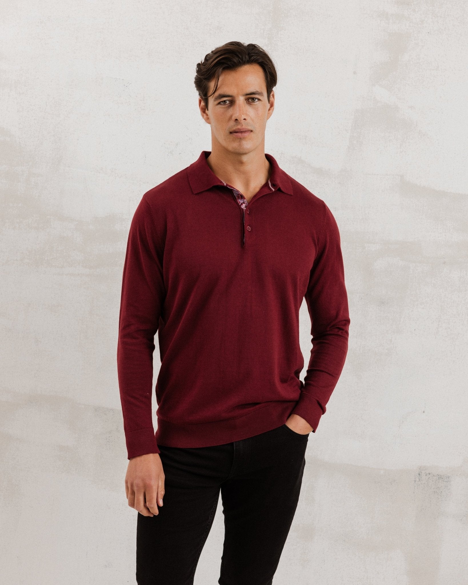 Burgundy Knit Polo with Sakura Tree Accents - Blake Mill