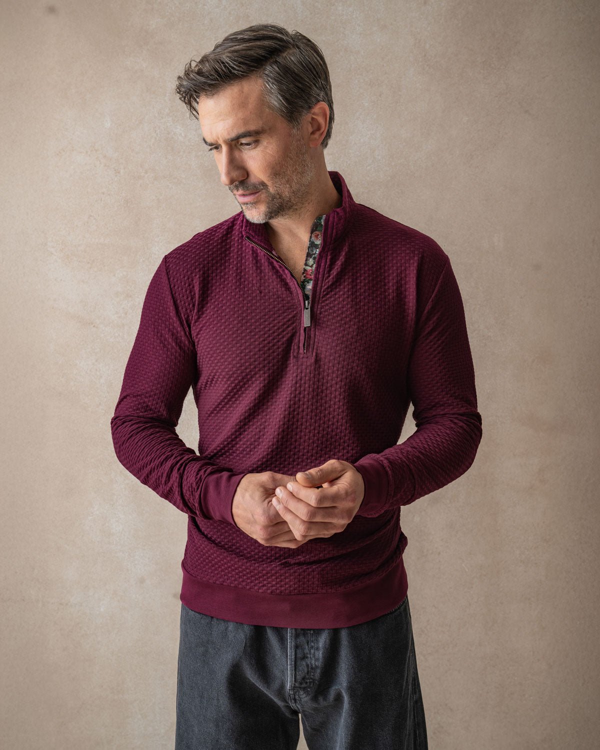 Burgundy Quarter Zip Jersey with Roses Accents - Blake Mill