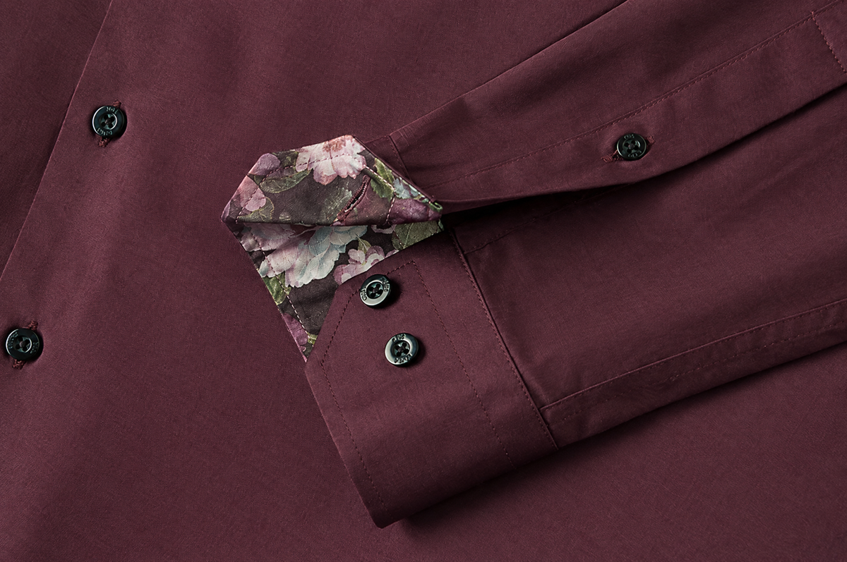 Burgundy Sateen shirt with Roses Accents mitred cuff with accent lining