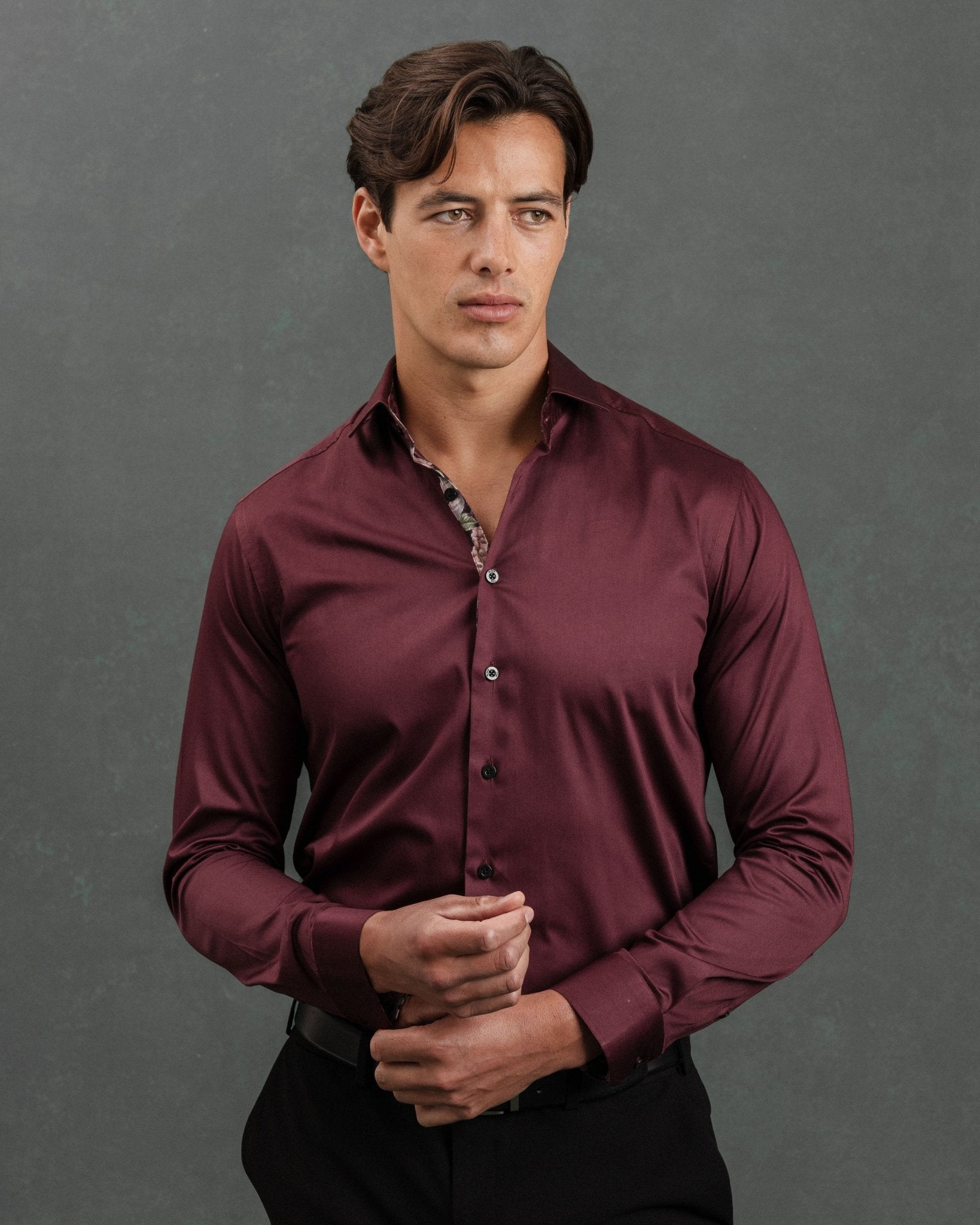 Burgundy Sateen Shirt with Roses Accents - Blake Mill