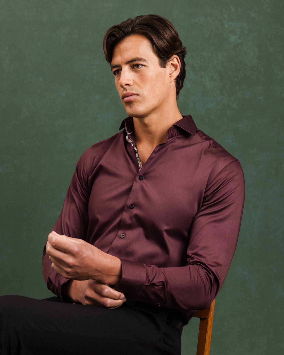 Burgundy Sateen Shirt with Roses Accents - Blake Mill