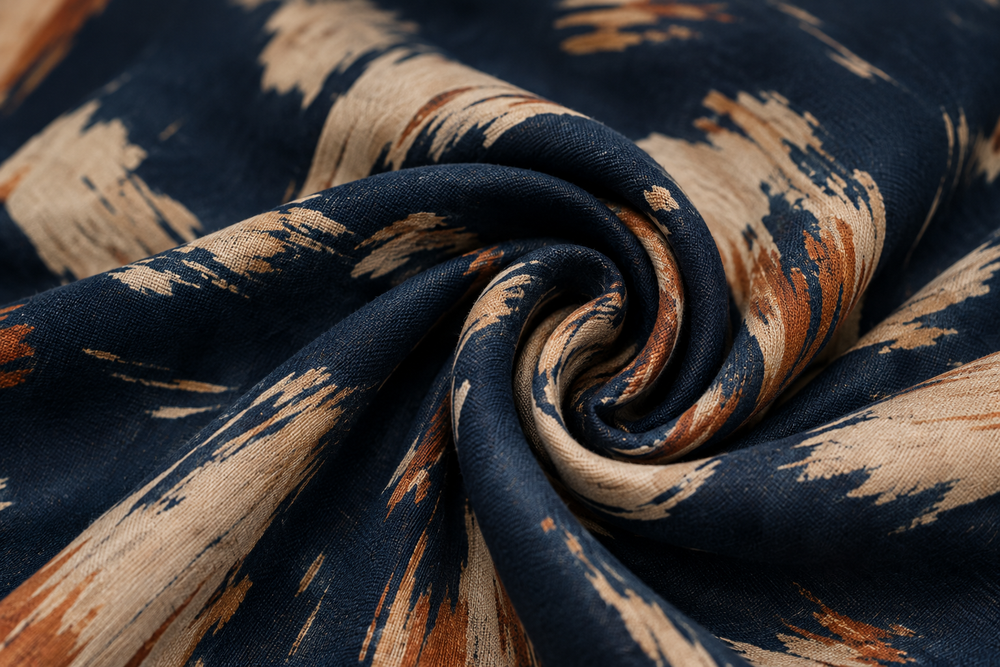 A close-up of draped fabric with an abstract ikat-style pattern in dark navy blue, warm beige, and rust orange.