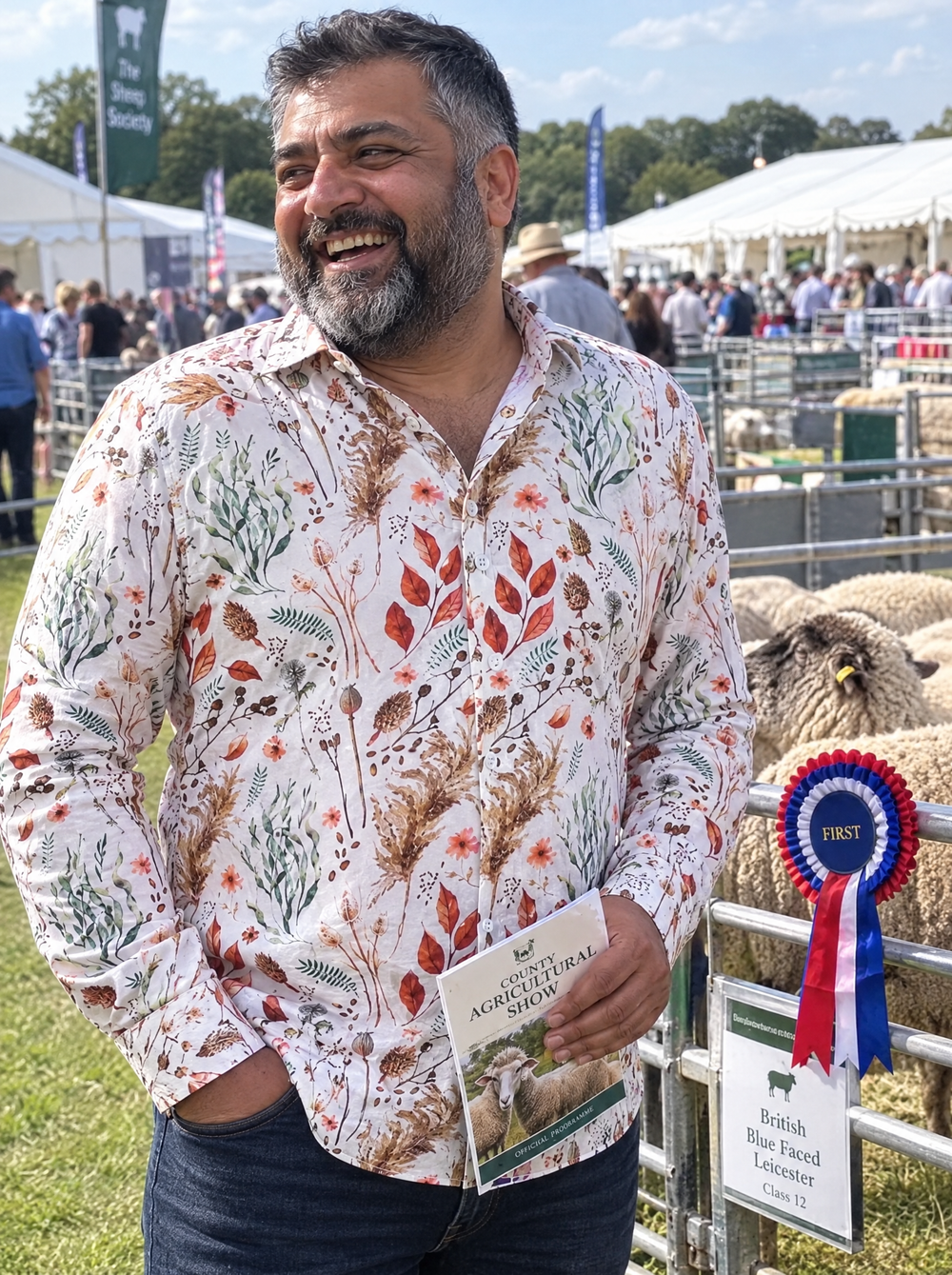 Man wearing the Field Notes shirt at a county show