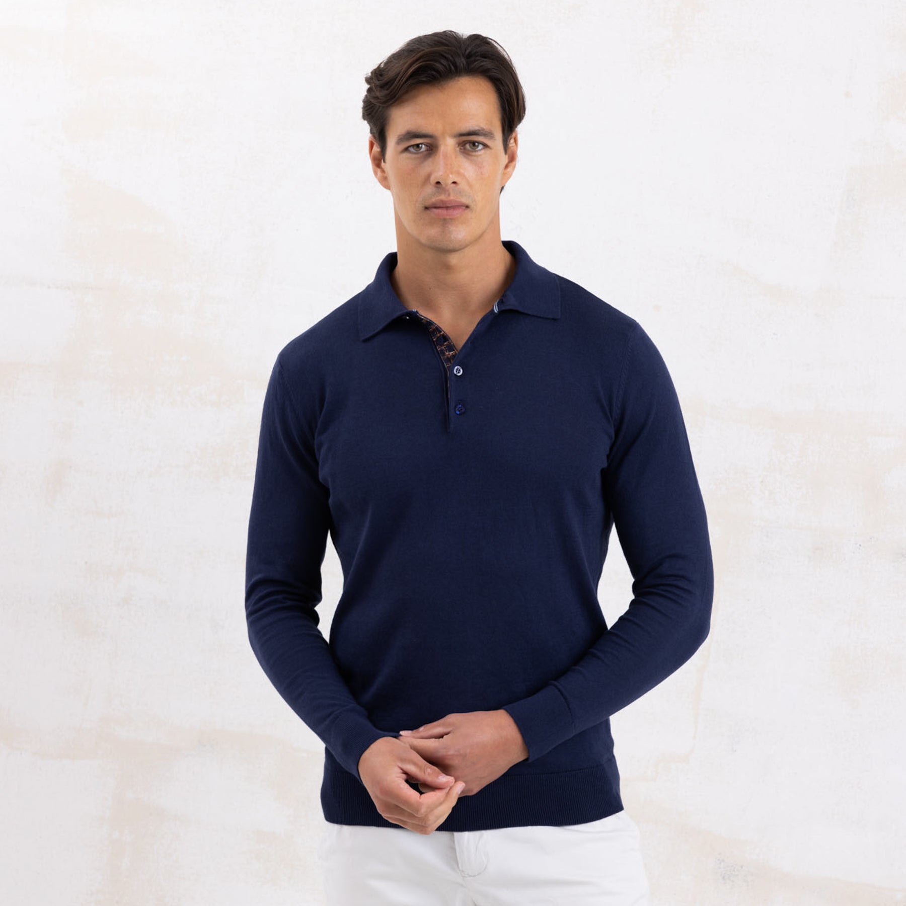 Navy Knit Polo with Check Accents