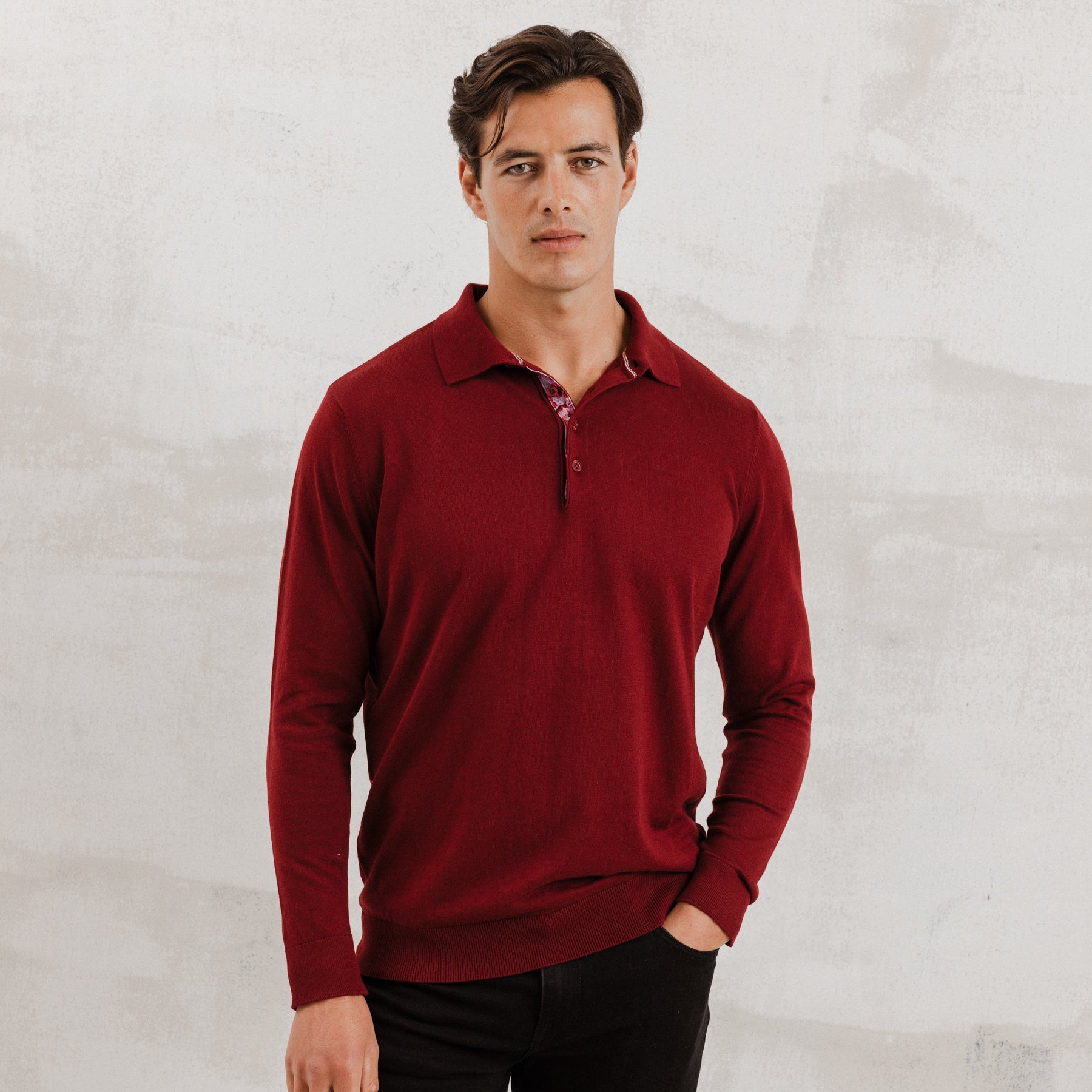 Burgundy Knit Polo with Sakura Tree Accents