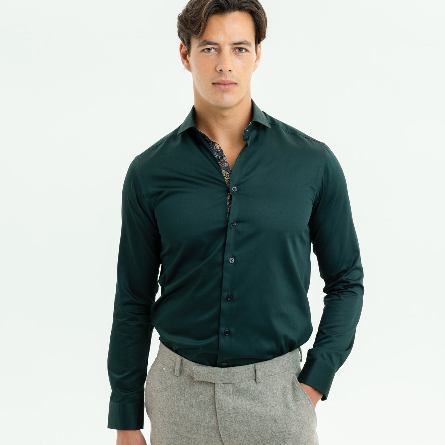 Green Sateen Shirt with Paisley Accents