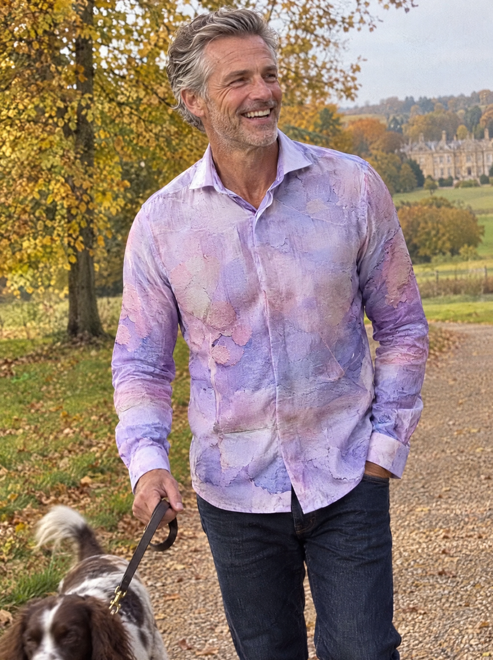Man wearing the Forest of Dreams shirt on a country estate walk