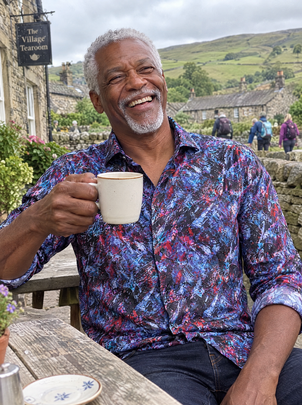 Man wearing the Granite shirt at a Dales tearoom