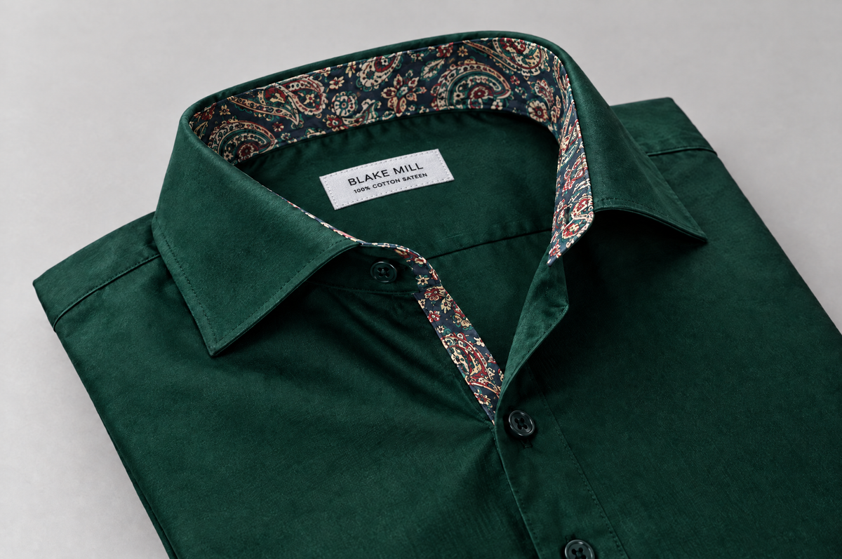 Green Sateen shirt with Paisley Accents collar detail