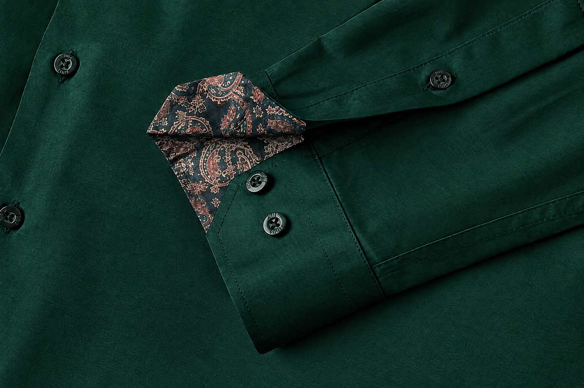 Green Sateen shirt with Paisley Accents mitred cuff with accent lining