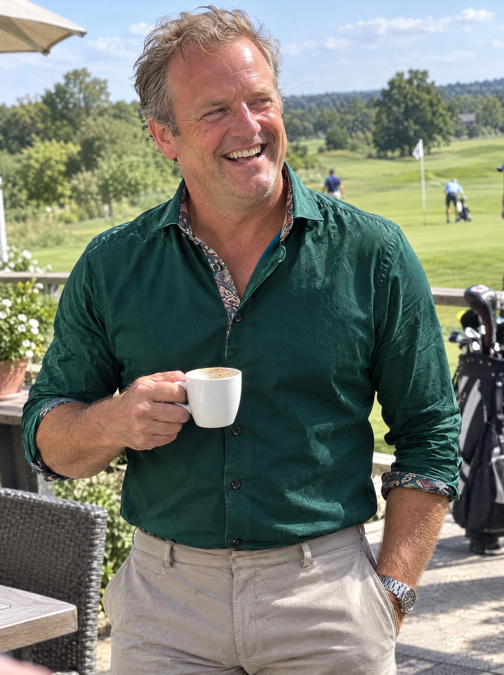 Man wearing the Green Sateen shirt with Paisley Accents at a golf clubhouse