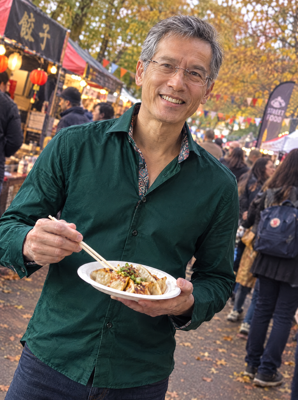 Man wearing the Green Sateen shirt with Paisley Accents at a food festival