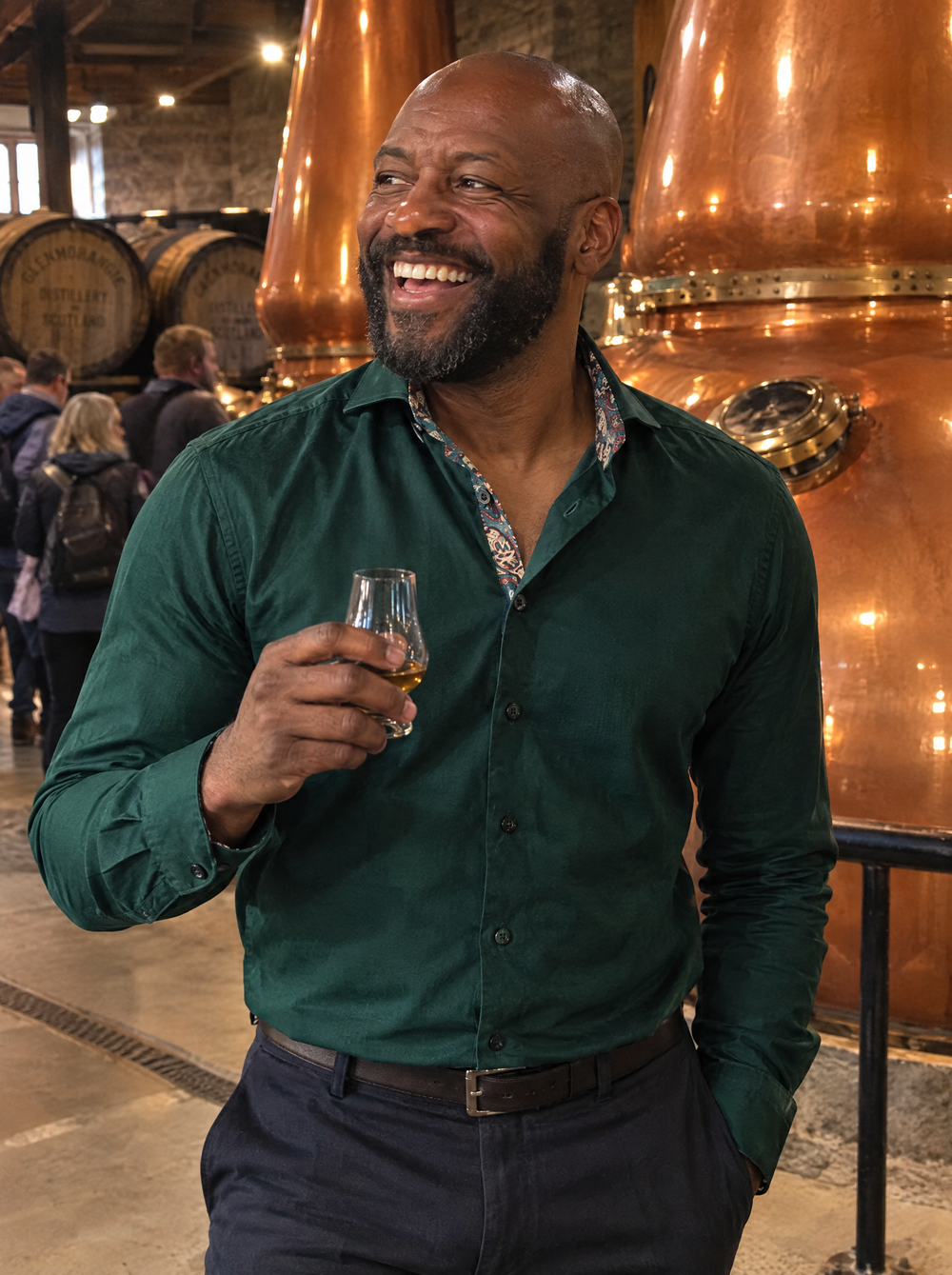 Man wearing the Green Sateen shirt with Paisley Accents on a distillery tour