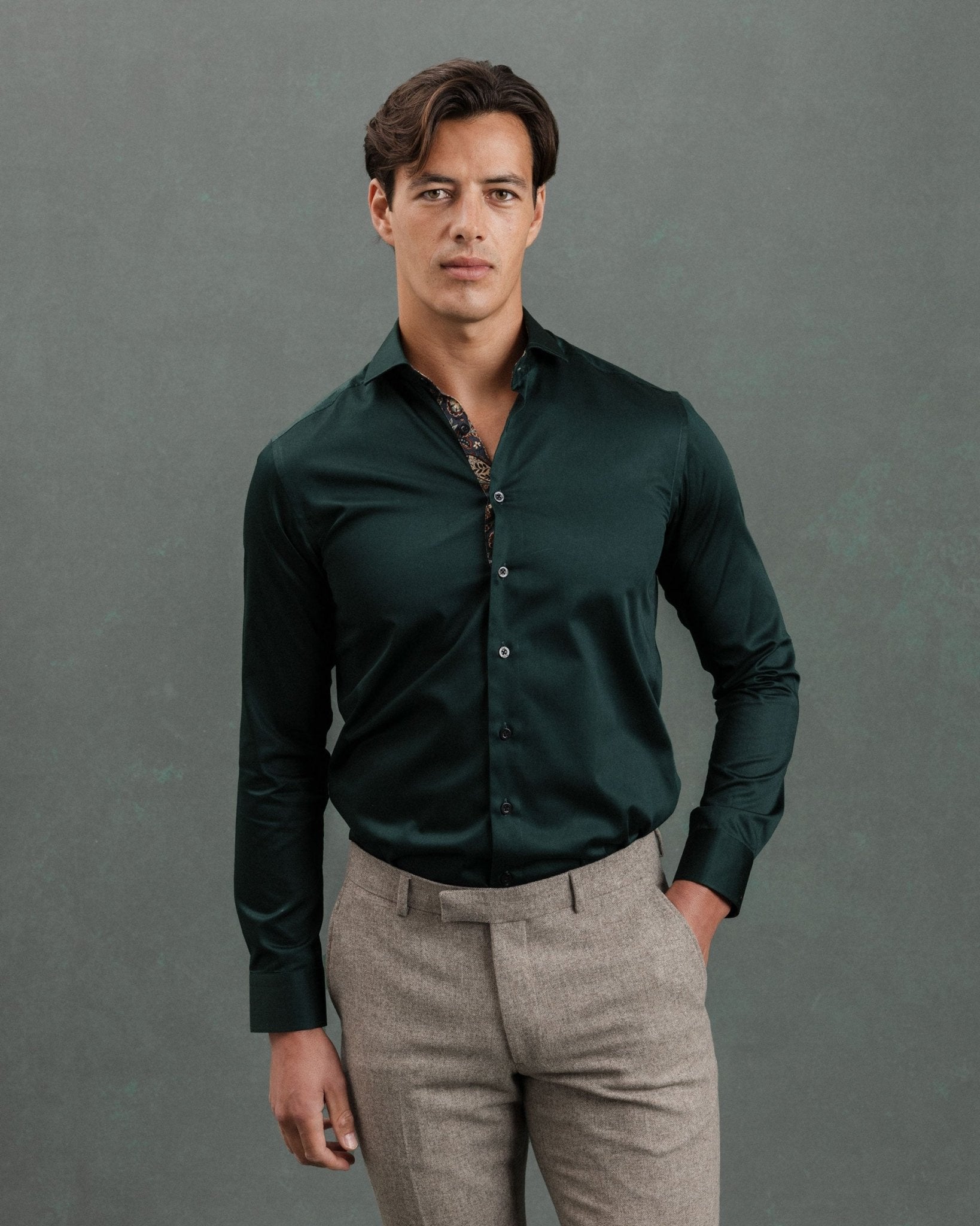 Green Sateen Shirt with Paisley Accents - Blake Mill