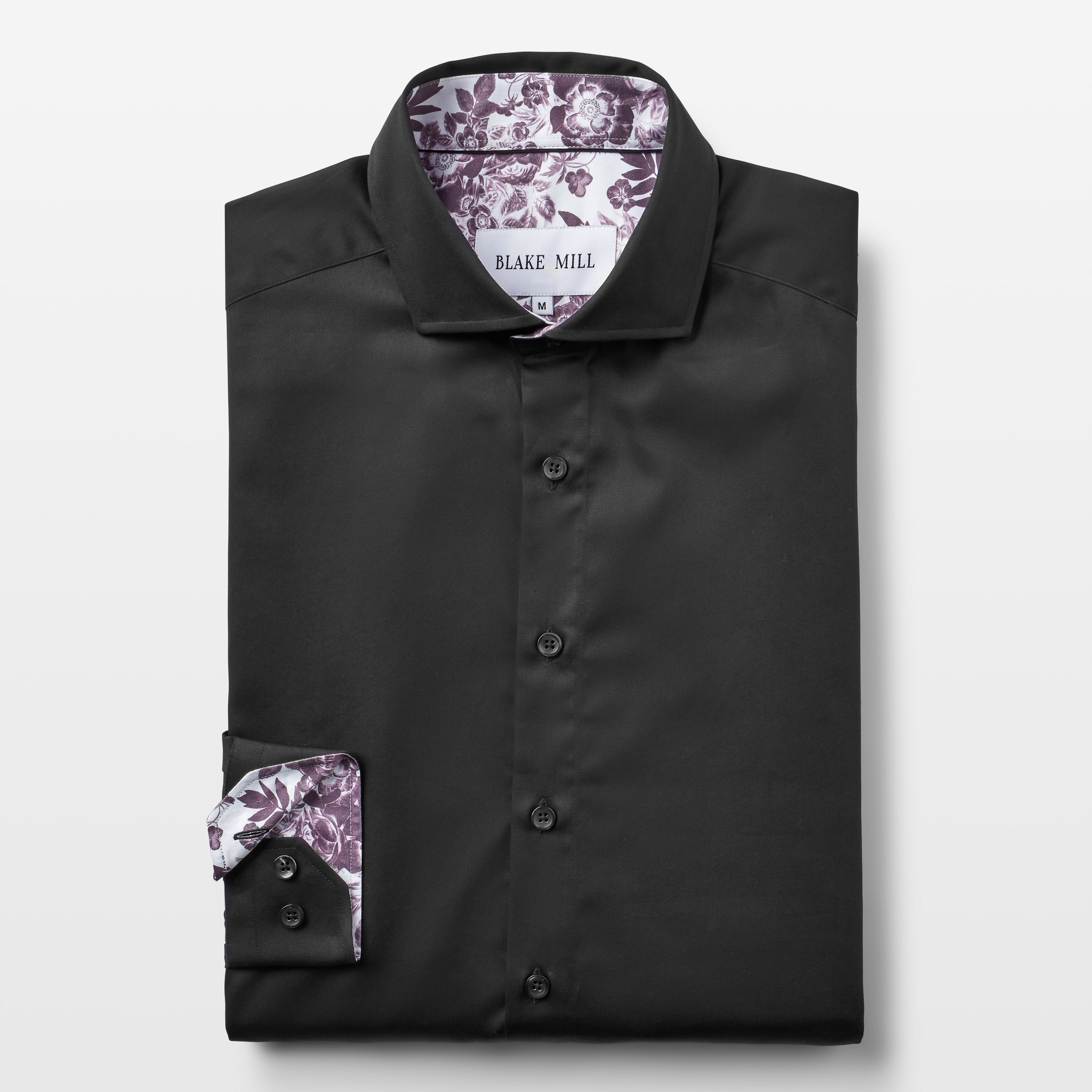 Black Sateen Shirt with Plum Skulls 'n Roses Accent