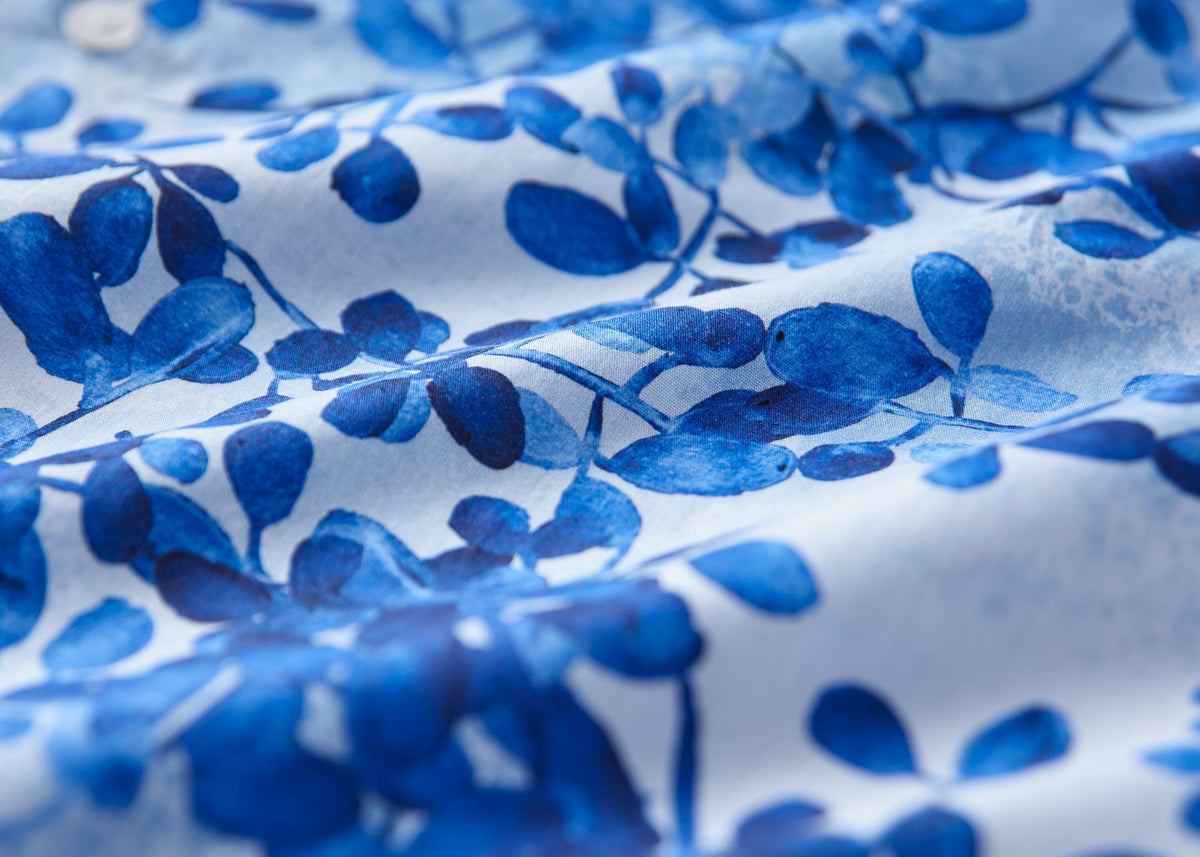 Detail of blue floral cotton fabric