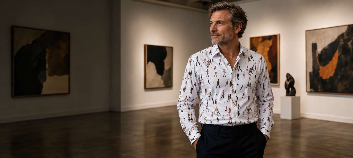 Model wearing the white Lowry Going to Work shirt