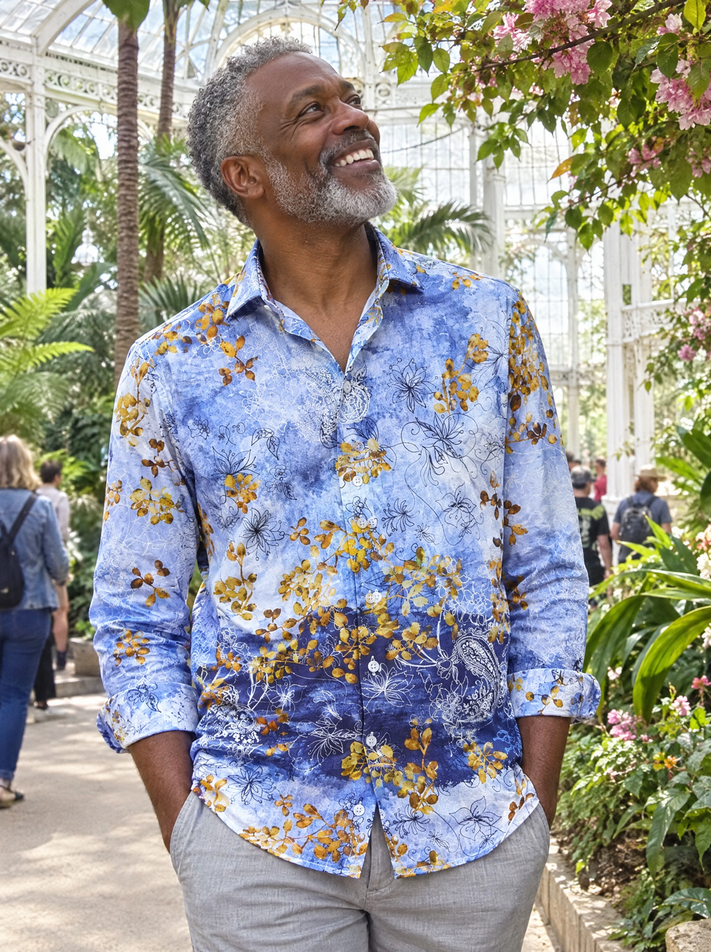 Man wearing the Japanese Flowers Shirt in a botanical glasshouse