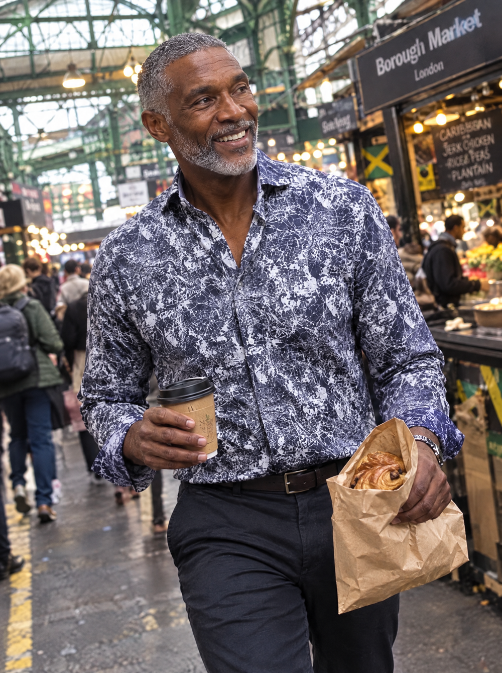 Man wearing the London shirt at a food market