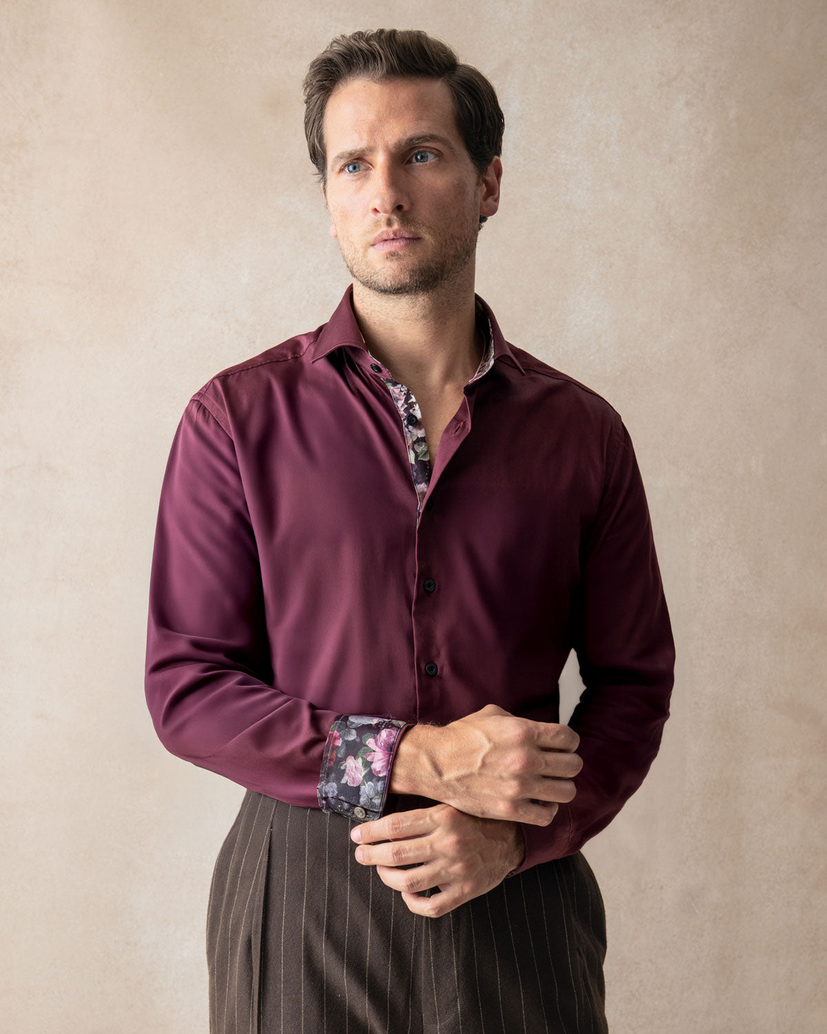 Burgundy Sateen Shirt with Roses Accents