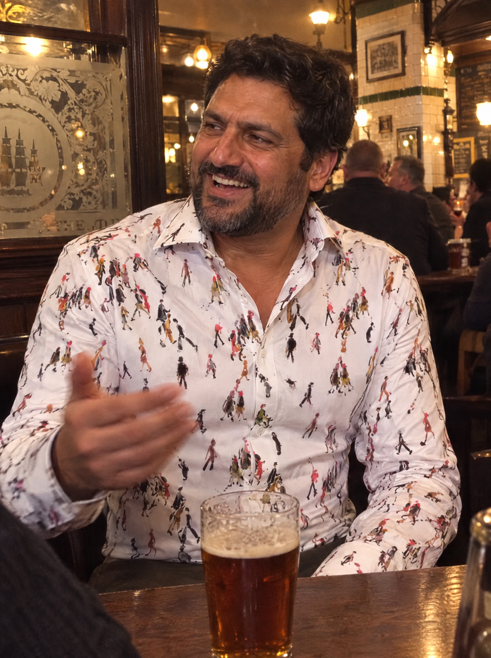 Man wearing the Lowry: Going To Work Shirt in a Manchester pub