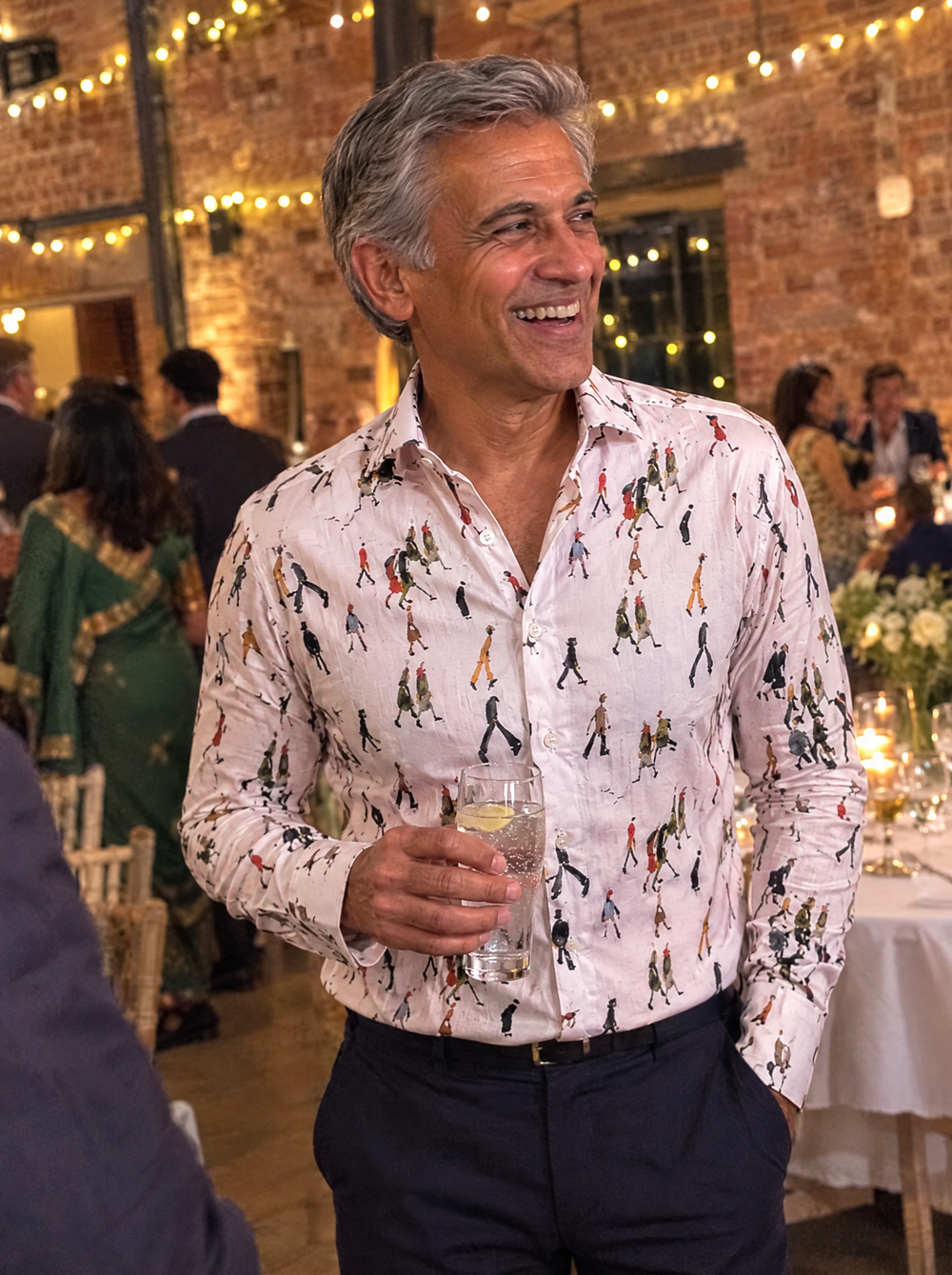 Man wearing the Lowry: Going To Work (Pink) shirt at a mill wedding
