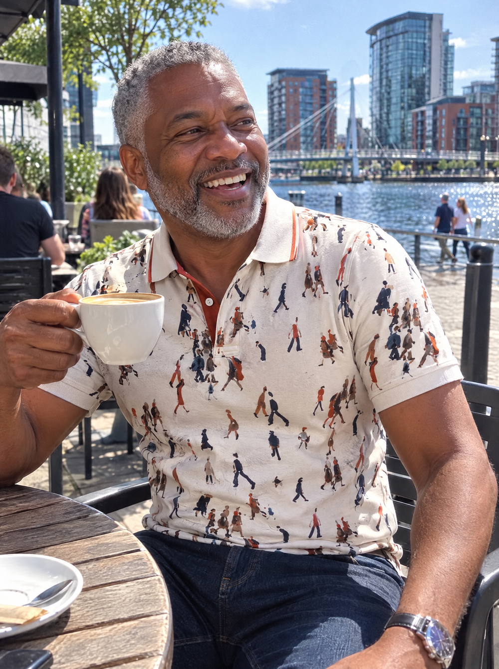 Man wearing the Lowry Going to Work Pique Polo at Salford Quays