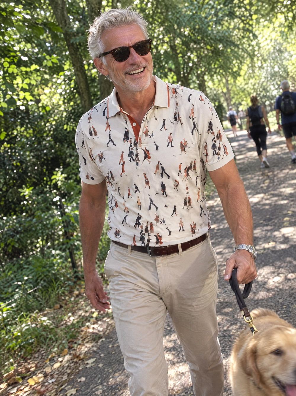 Man wearing the Lowry Going to Work Pique Polo walking the dog