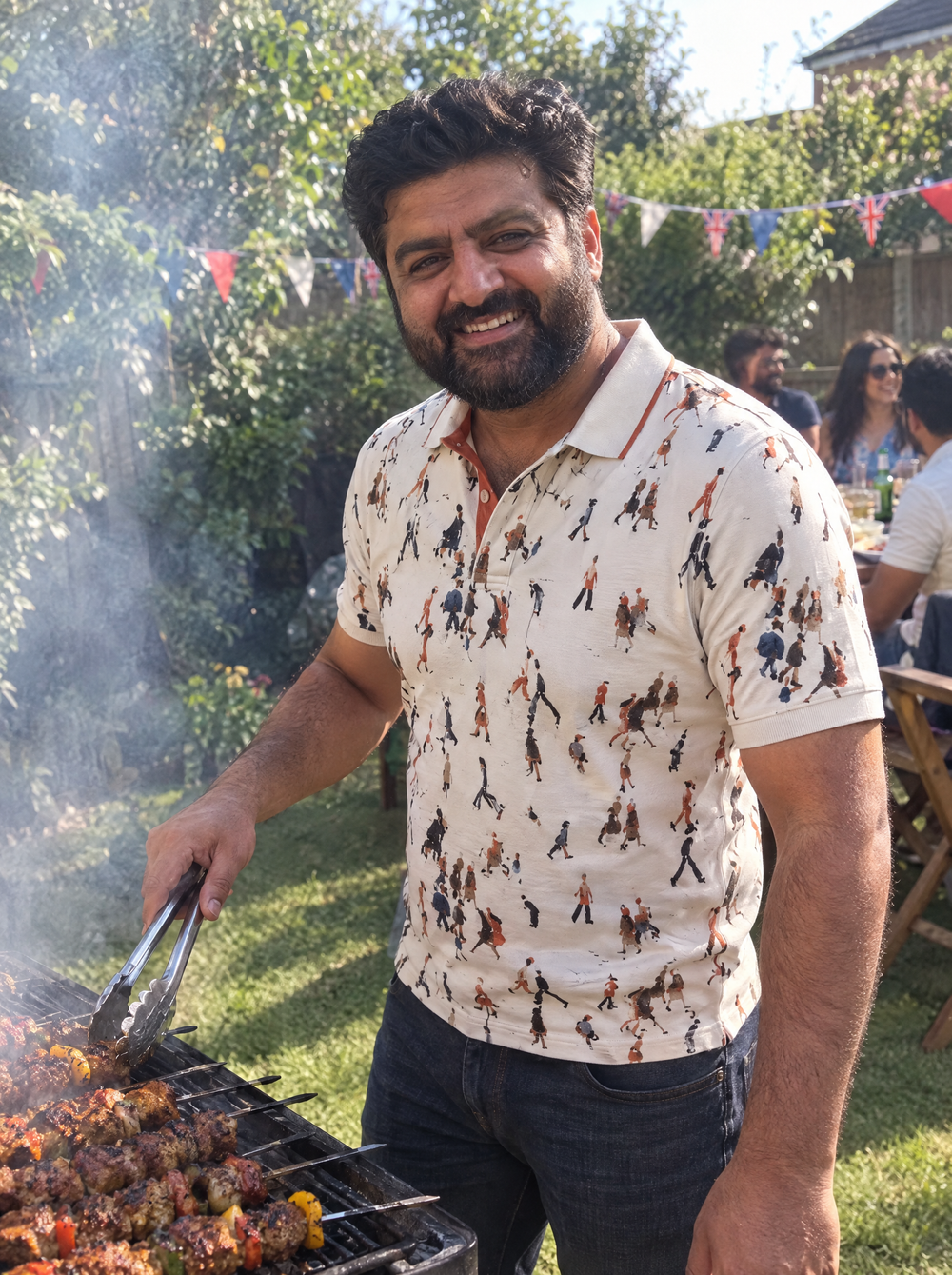 Man wearing the Lowry Going to Work Pique Polo at a garden barbecue