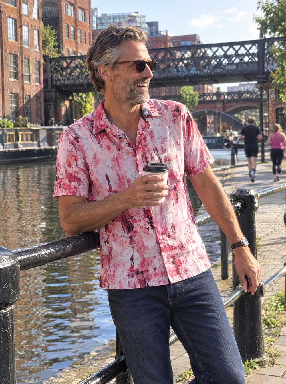 Man wearing the Manchester Dawn Short Sleeve shirt at Castlefield canal basin