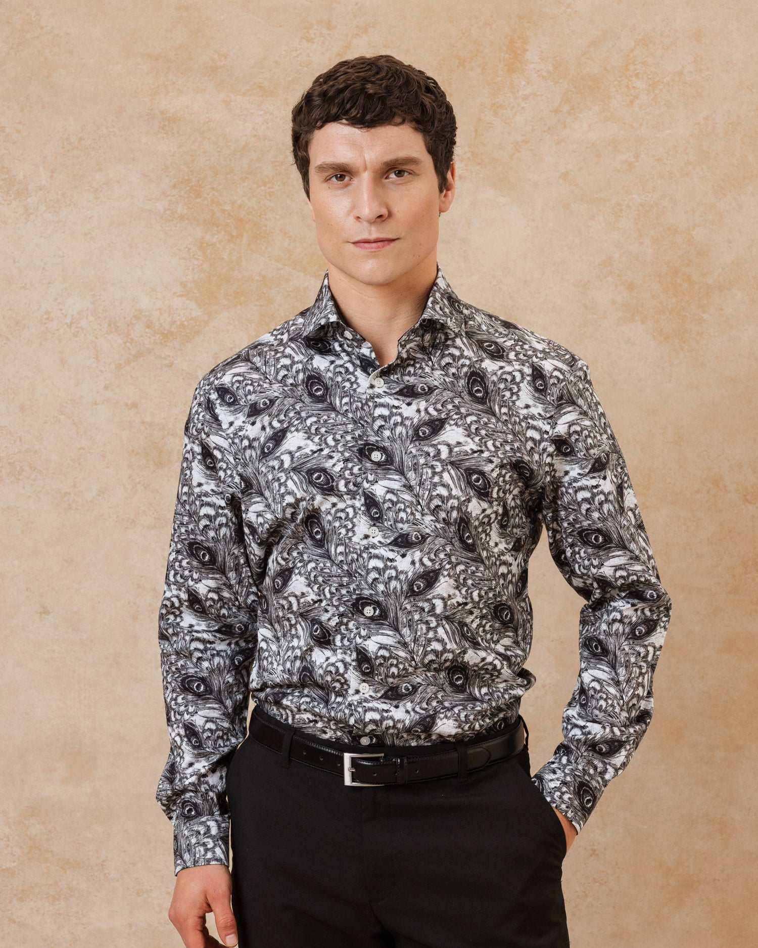 Monochrome Peacock Feathers Shirt - Blake Mill