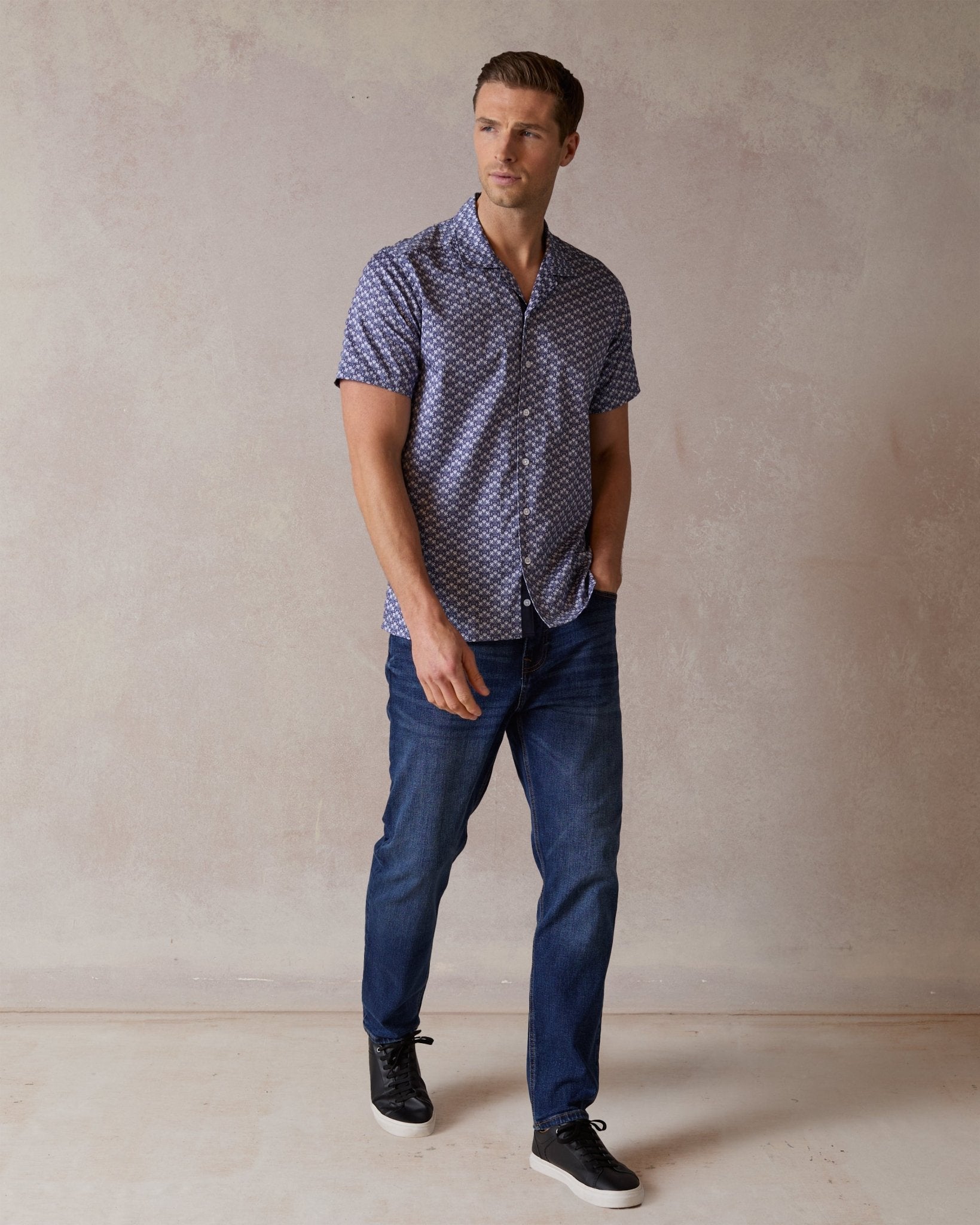 Navy Botanic Geo Open Collar Shirt - Blake Mill