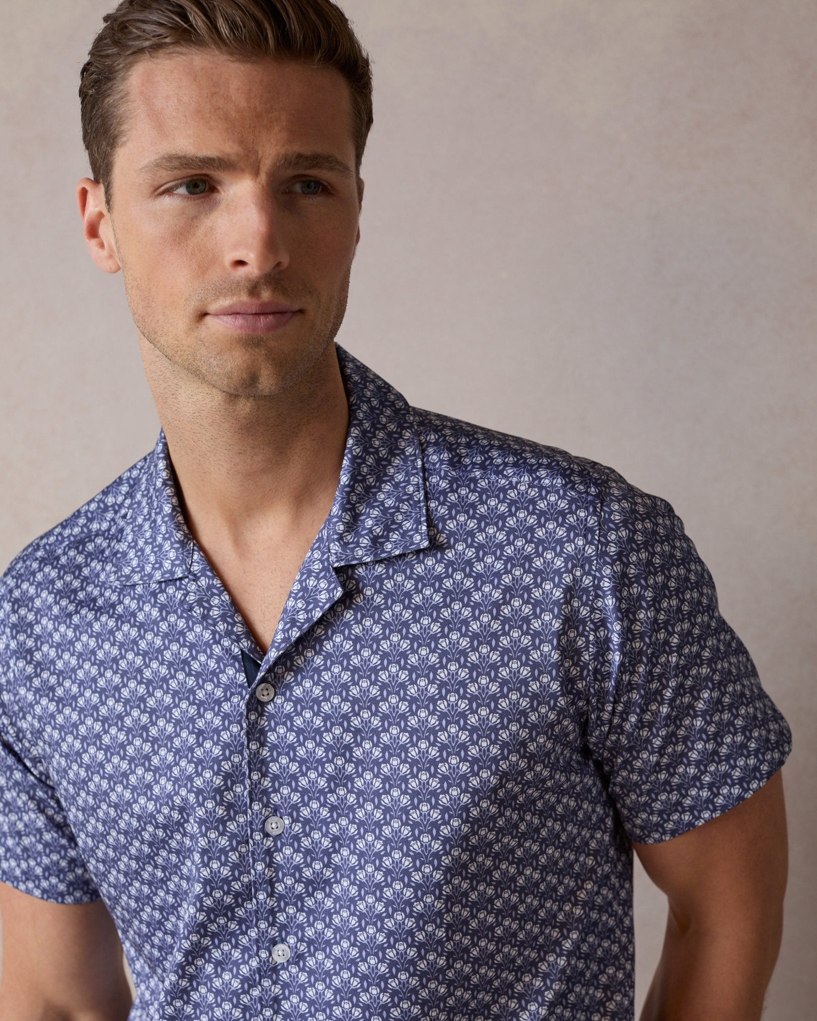 Navy Botanic Geo Open Collar Shirt - Blake Mill