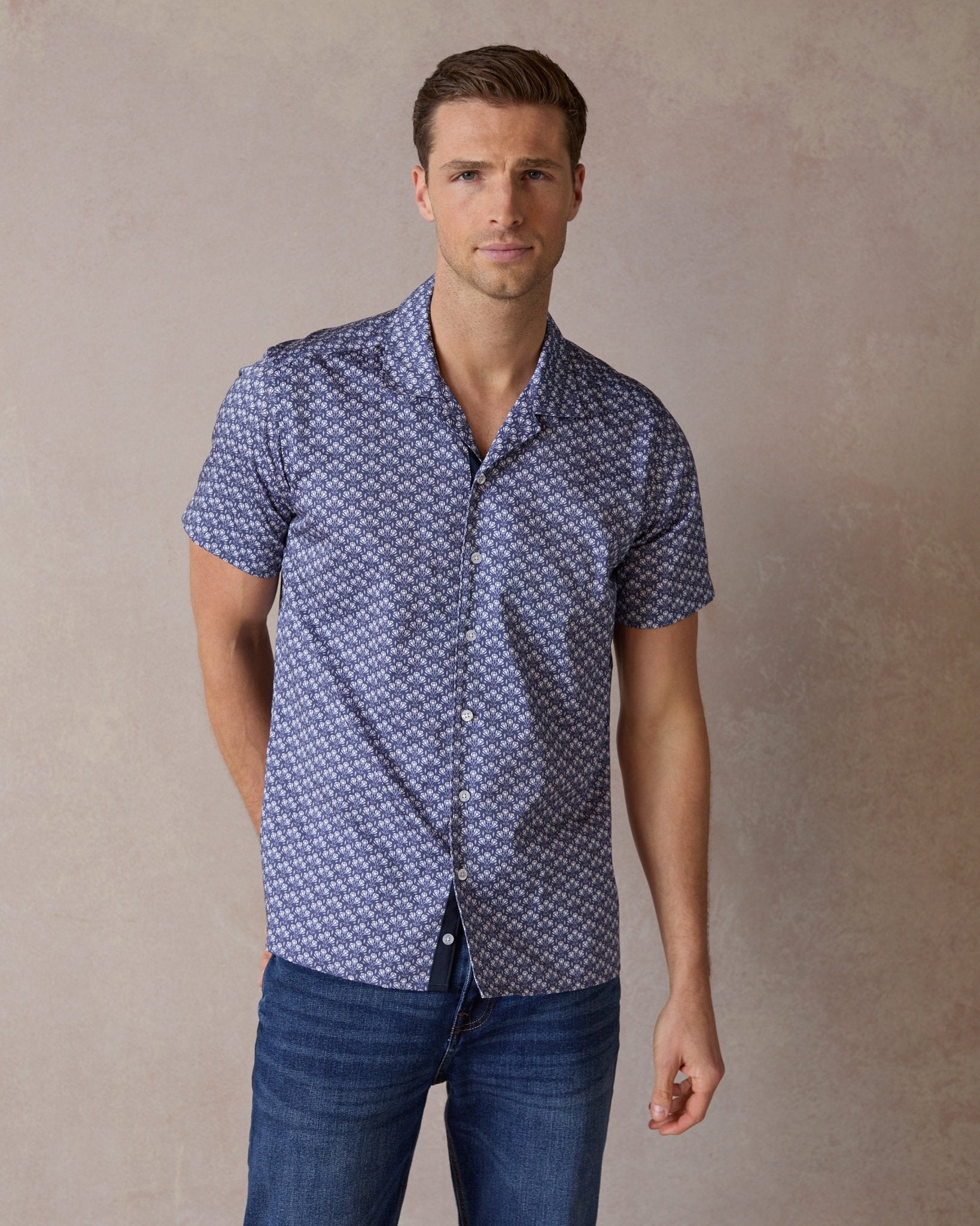 Navy Botanic Geo Open Collar Shirt - Blake Mill