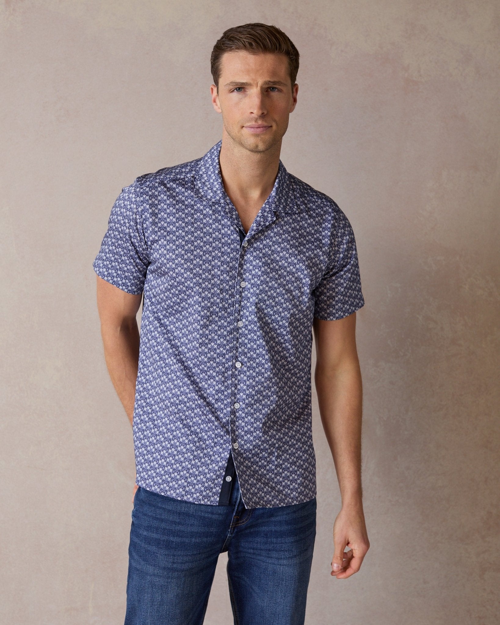 Navy Botanic Geo Open Collar Shirt - Blake Mill