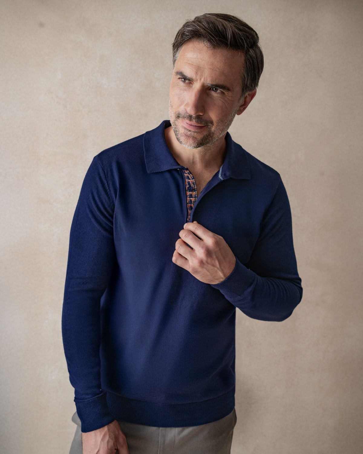 Navy Knit Polo with Check Accents - Blake Mill
