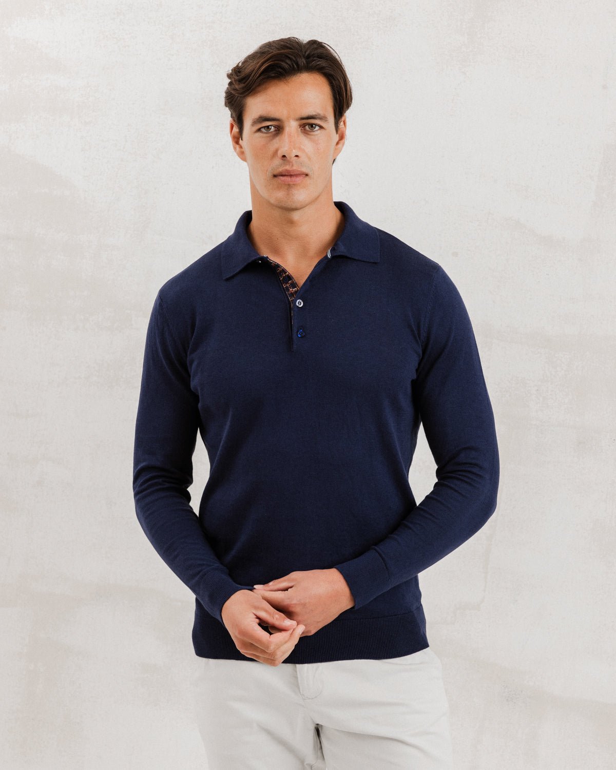 Navy Knit Polo with Check Accents - Blake Mill