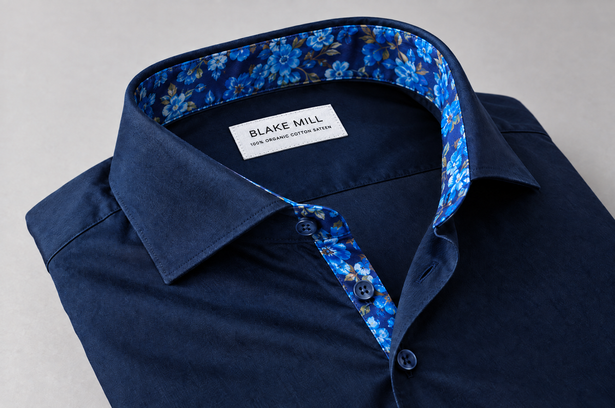 Navy Sateen shirt with Flowers Under Moonlight Accents collar detail