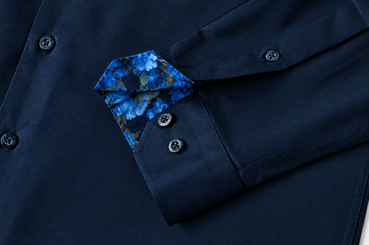 Navy Sateen shirt with Flowers Under Moonlight Accents mitred cuff with accent lining