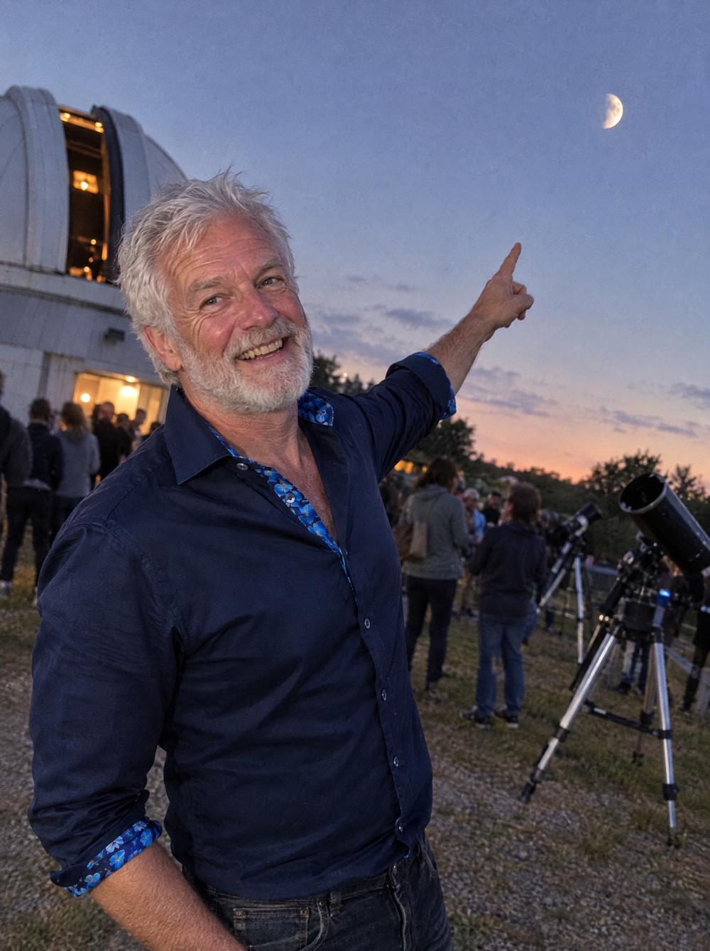 Man wearing the Navy Sateen shirt with Flowers Under Moonlight Accents at an observatory