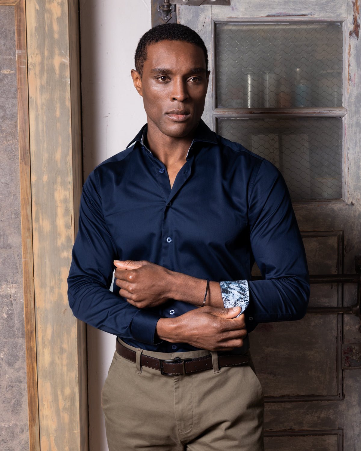 Navy Sateen Shirt with Dark Moon Accents - Blake Mill