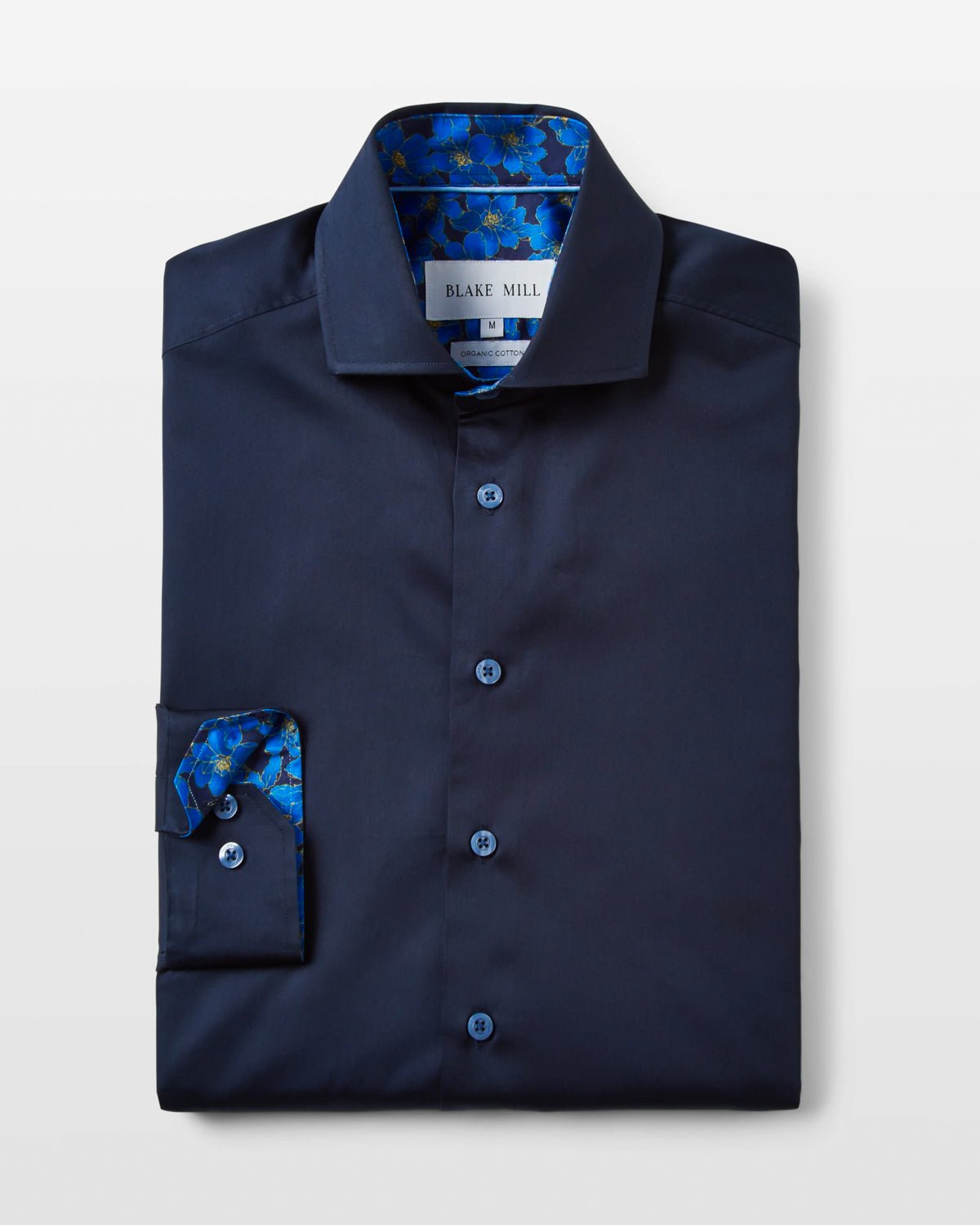 Navy Sateen Shirt with Flowers Under Moonlight Accents - Blake Mill